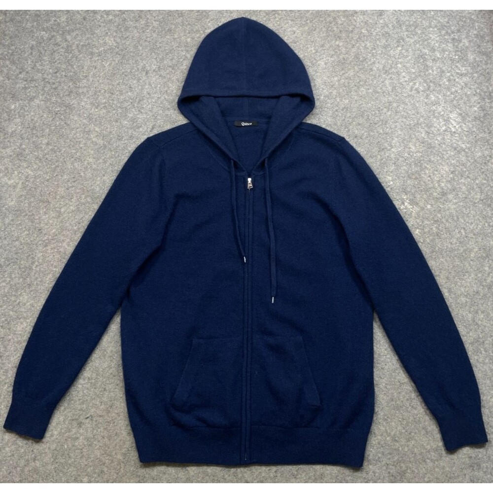 Quince 100% Cashmere Full-Zip Hoodie Womens L Navy Blue Sweater Minimalist Cozy